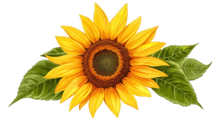Beautiful sunflower with green leaves isolated on transparent background