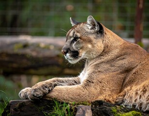 Naklejka premium A majestic large wild cat rests, seen in profile, with a light tan coat, alert gaze, and muscular build, in a natural outdoor setting