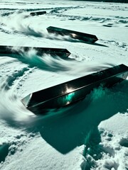 Futuristic metallic objects glide across a snowy landscape, leaving trails of mist and light