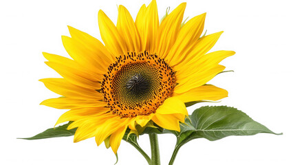 Obraz premium Beautiful sunflower isolated on transparent background in full bloom with green leaves