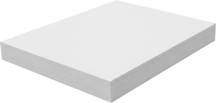 A large stack of plain white paper sheets presented in a slightly angled view with crisp edges isolation ready blank clean office stationery ream supply transparent background