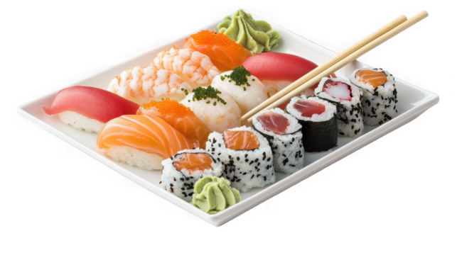 Delicious sushi set isolated on transparent background with chopsticks and wasabi - Powered by Adobe