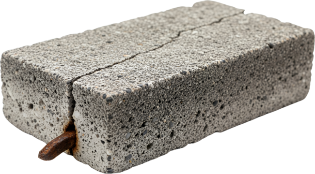 Cracked concrete block with embedded rusty metal rod showing texture and porous surface detail Gray Construction Material - Powered by Adobe