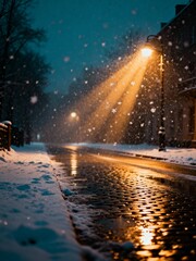 A street lamp illuminates a snowy street at night, with snowflakes falling and reflecting on the wet pavement