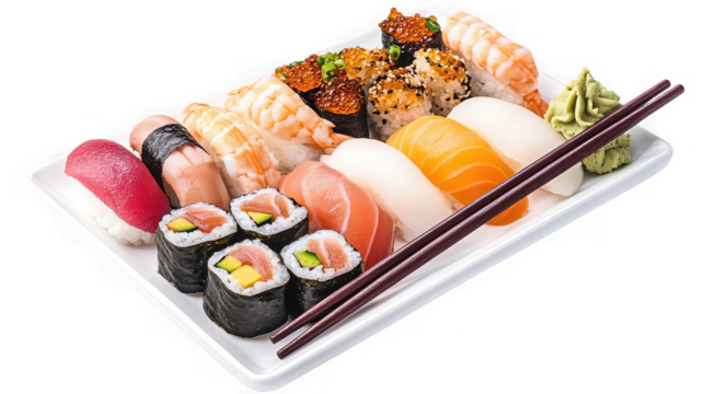 Assorted sushi platter with chopsticks isolated on transparent background - Powered by Adobe