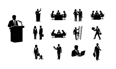 Collection of various business-related silhouettes depicting meetings, presentations, and teamwork scenarios.