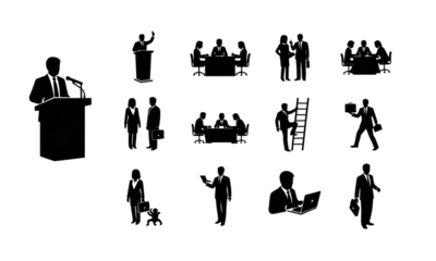 Collection of various business-related silhouettes depicting meetings, presentations, and teamwork scenarios.