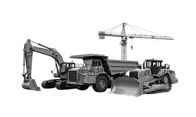 Construction equipment: excavator, dump truck, bulldozer, and crane.