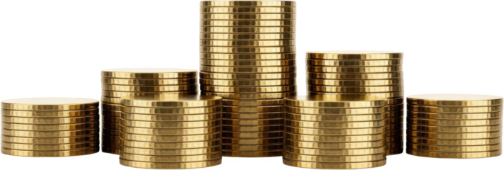 Five Stacks Of Metallic Gold Coins Varying In Height Arranged In A Row With A Transparent Background Isolate Stacked Coins Money Wealth Currency Finance Investment