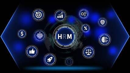 Digital business strategy HRM icons with glowing globe and dark background image photo - Powered by Adobe