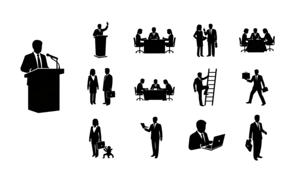 Collection of various business-related silhouettes depicting meetings, presentations, and teamwork scenarios.