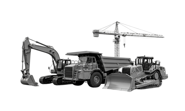 Construction equipment: excavator, dump truck, bulldozer, and crane.