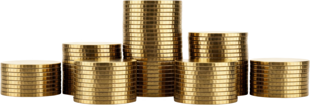 Five Stacks Of Metallic Gold Coins Varying In Height Arranged In A Row With A Transparent Background Isolate Stacked Coins Money Wealth Currency Finance Investment