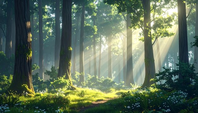 A sun-drenched forest scene, featuring tall trees and beams of sunlight filtering through the canopy onto a grassy floor