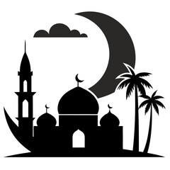 Islamic mosque with crescent moon and palm trees silhouette