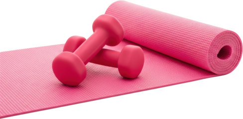Two pink dumbbells resting on a textured pink yoga mat with the mat rolled on the right side isolate fitness exercise workout health sport equipment training
