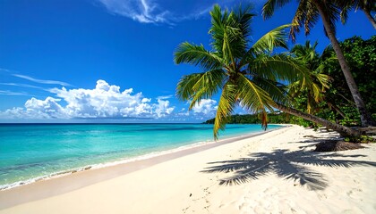A pristine beach scene features turquoise water, white sand, and lush palm trees against a bright blue sky with fluffy clouds