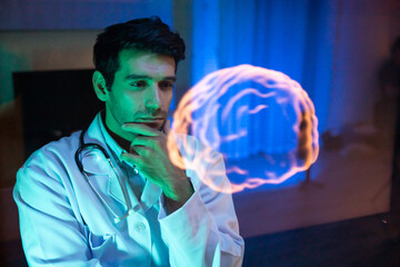 Human brain Virtual hologram. man Physician Examine Holographic Body Models. Medical technology and hospital care treatment. Nanoscale Diagnostics, Disease diagnosis and treatment technology
