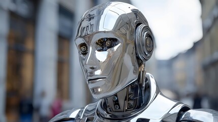 Close-up of a futuristic humanoid robot with a polished chrome finish, showcasing intricate details and a thoughtful expression.