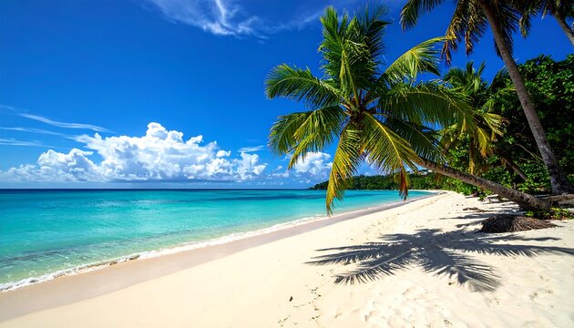 A pristine beach scene features turquoise water, white sand, and lush palm trees against a bright blue sky with fluffy clouds