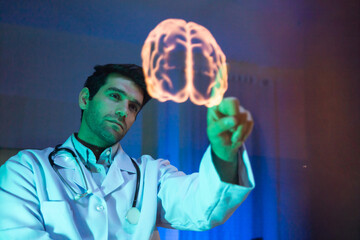 Human brain Virtual hologram. man Physician Examine Holographic Body Models. Medical technology and hospital care treatment. Nanoscale Diagnostics, Disease diagnosis and treatment technology