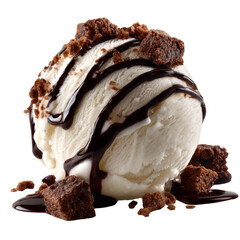 Indulgent delight: Vanilla ice cream with rich chocolate sauce and brownie pieces