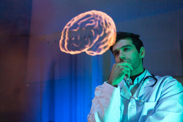 Human brain Virtual hologram. man Physician Examine Holographic Body Models. Medical technology and hospital care treatment. Nanoscale Diagnostics, Disease diagnosis and treatment technology