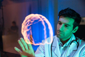 Human brain Virtual hologram. man Physician Examine Holographic Body Models. Medical technology and hospital care treatment. Nanoscale Diagnostics, Disease diagnosis and treatment technology