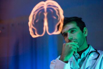 Human brain Virtual hologram. man Physician Examine Holographic Body Models. Medical technology and hospital care treatment. Nanoscale Diagnostics, Disease diagnosis and treatment technology