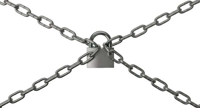 Metal padlock secured with thick silver chains forming an X shape over a dark background isolate security protection steel heavy strong connection linked - Powered by Adobe