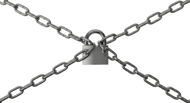 Metal padlock secured with thick silver chains forming an X shape over a dark background isolate security protection steel heavy strong connection linked