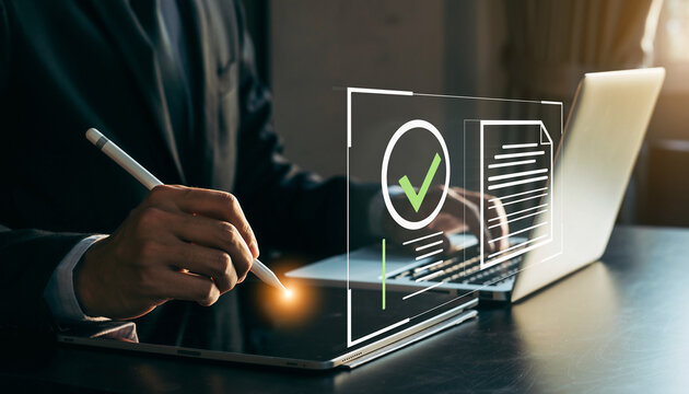 Businessman Using Tablet with Digital Document Approval.