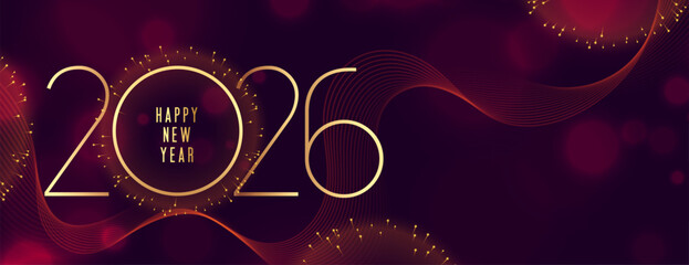 2026 happy new year wavy banner with firework decor