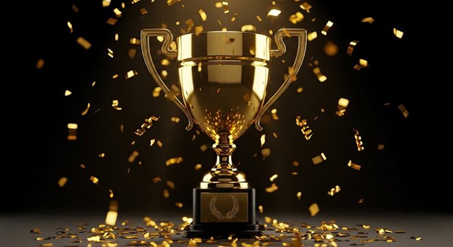 Celebrate ultimate victory and achievement with a gleaming golden trophy surrounded by celebratory confetti and sparkling lights, signifying success and triumph.