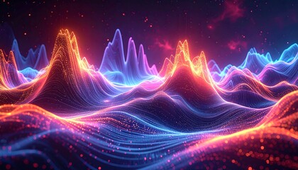A vibrant digital landscape depicted with undulating, glowing lines. Mountains of light erupt across a dark starry sky