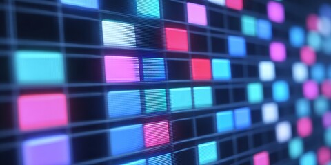 Digital pixel grid display electronic light panel colorful LED square neon blue pink turquoise abstract technology background illuminated matrix modern screen pattern vibrant glow close up depth