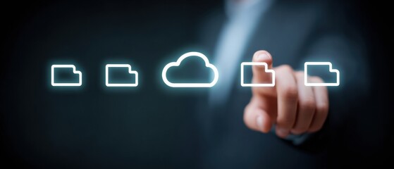 Businessperson selecting glowing cloud icon among illuminated folder icons representing cloud storage and document management, conveying digital access and secure file organization
