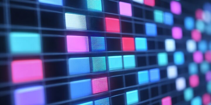 Digital pixel grid display electronic light panel colorful LED square neon blue pink turquoise abstract technology background illuminated matrix modern screen pattern vibrant glow close up depth