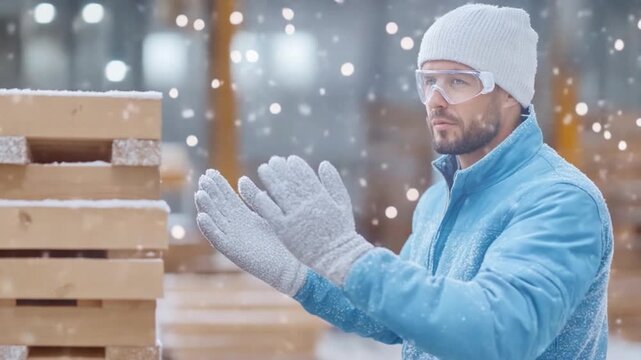 Cold Storage Worker: A dedicated worker, clad in protective gear, inspects wooden pallets in a frosty cold storage facility, with snowflakes adding a touch of wintry ambiance.