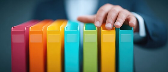 Colorful binder folder row with hand selecting binder, office document organization and filing system showing tidy folder spine labels and professional workspace with calm focus