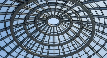 Expansive modern geodesic dome ceiling structure with intricate metal framework and glass panels creating a sense of openness and architectural wonder