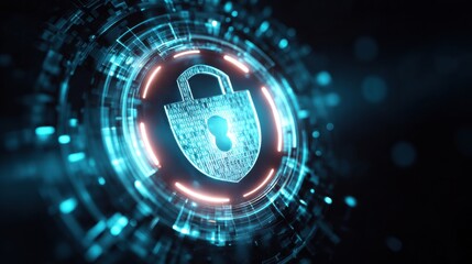 Secure padlock digital security shield glowing in circular interface, futuristic cyber protection concept with blue neon circuit visualization and subtle red highlights