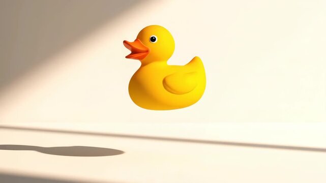 Animated yellow rubber duck bouncing playfully on a white studio background with warm lighting and soft shadows, ideal for children's themes.