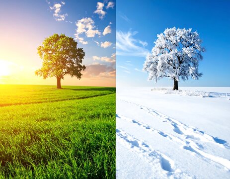 A split image contrasts a vibrant summer landscape with a lush tree against a sunny sky to a winter scene with a snow-covered tree