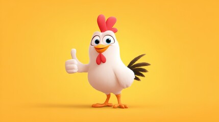 Cute cartoon chicken giving thumbs up on yellow background
