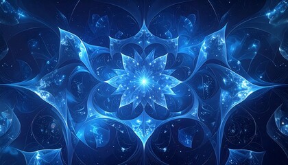 A symmetrical, blue and white glowing floral design radiates from the center. It has intricate, fractal-like patterns