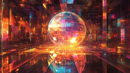 abstract digital sphere in a glowing cityscape