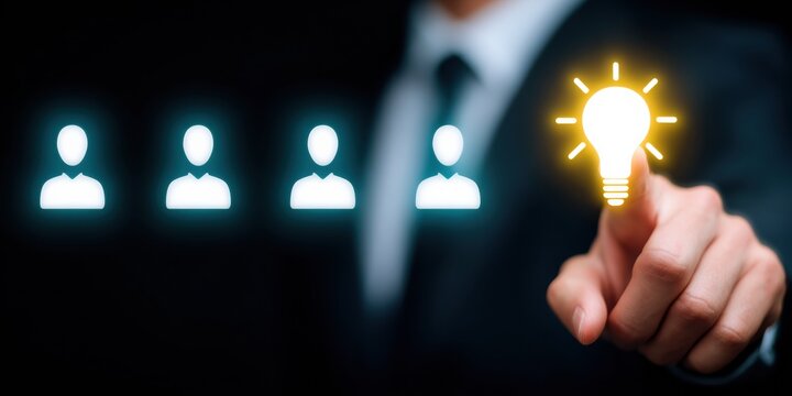 Businessman selecting highlighted light bulb idea among team icons, leadership innovation and creative recruitment image evoking confidence and strategic vision