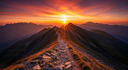 Stunning mountain ridge path bathed in vibrant golden sunrise light, illuminating rugged terrain and distant peaks for an epic adventure