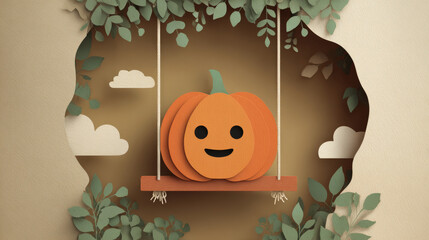 Whical Halloween pumpkin toy with a smiling face hanging on a swing amidst paper art clouds and leafy branch decorations for festive celebration and autumn decor